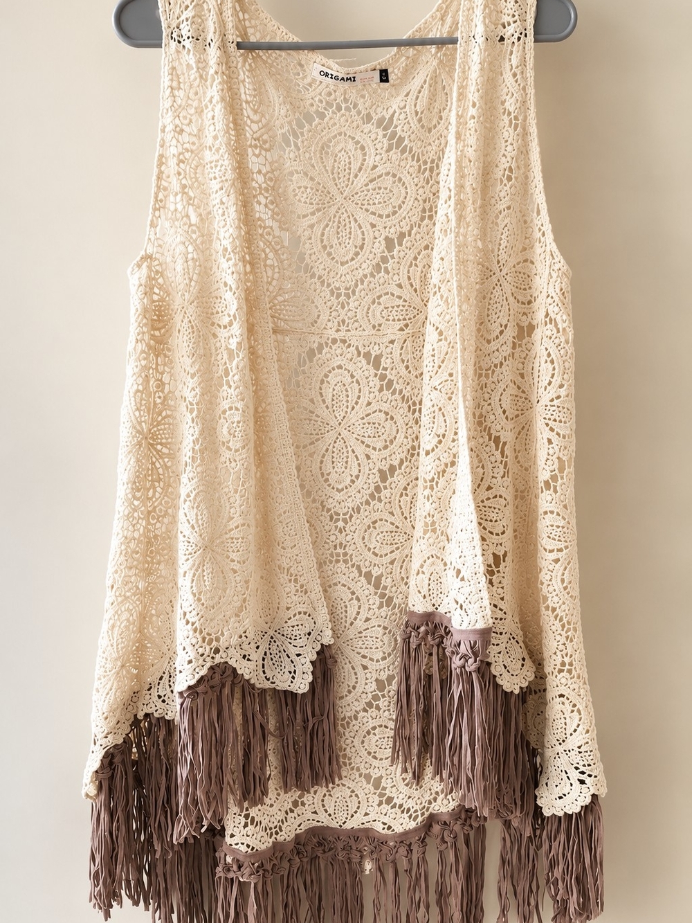ORGANIC by John Patrick Cream Crochet Vest with Brown Fringe